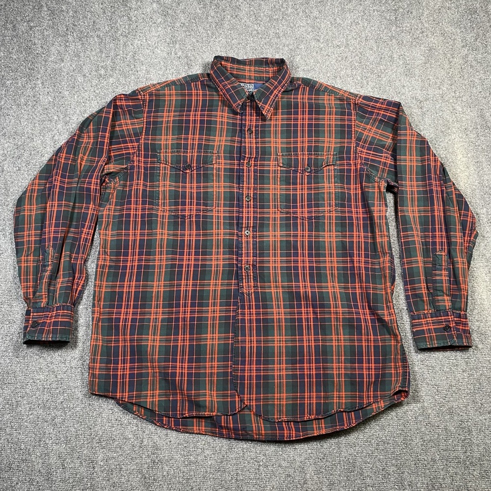 Polo Ralph Lauren Woodsman Workshirt Mens Large Orange Green Plaid Cotton Twill